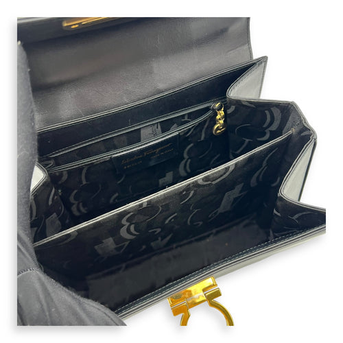 Salvatore Ferragamo Gancini Top Handle Bag Black in Calfskin, Gold hardware_11
