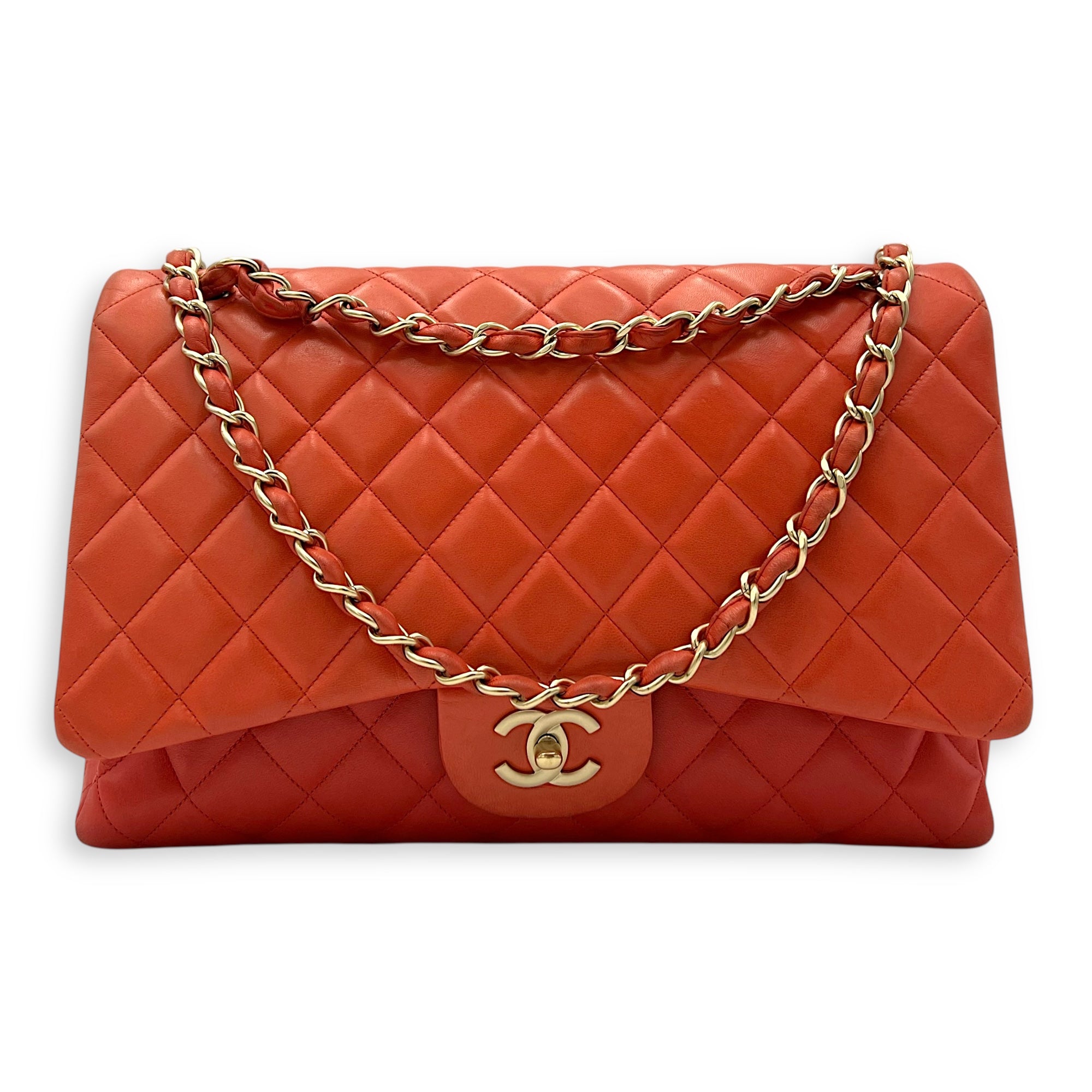 Chanel Classic Orange Shoulder Bag in Lambskin, Brushed Gold hardware_11
