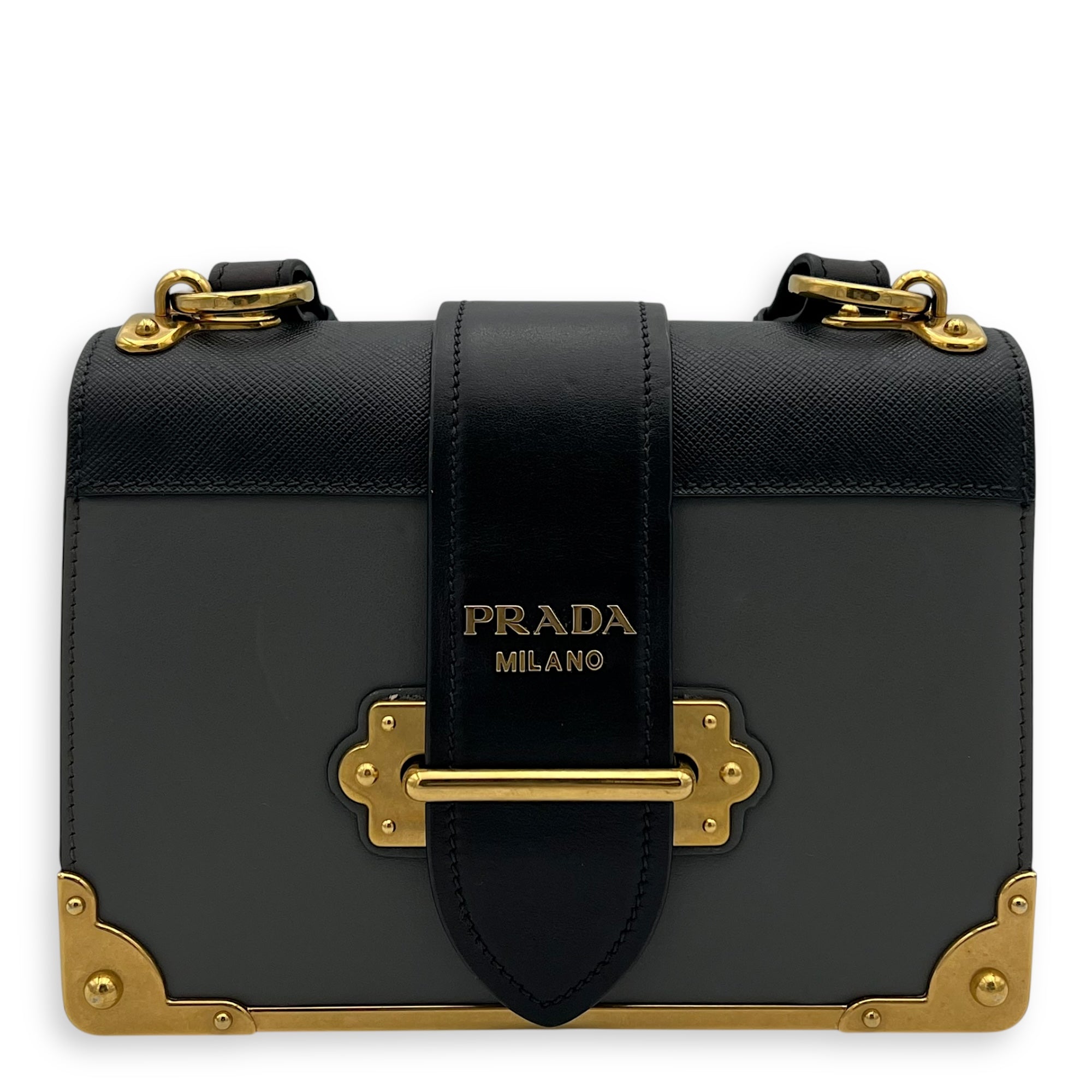 Prada Cahier Crossbody Bag Grey in Calfskin, Gold hardware_1