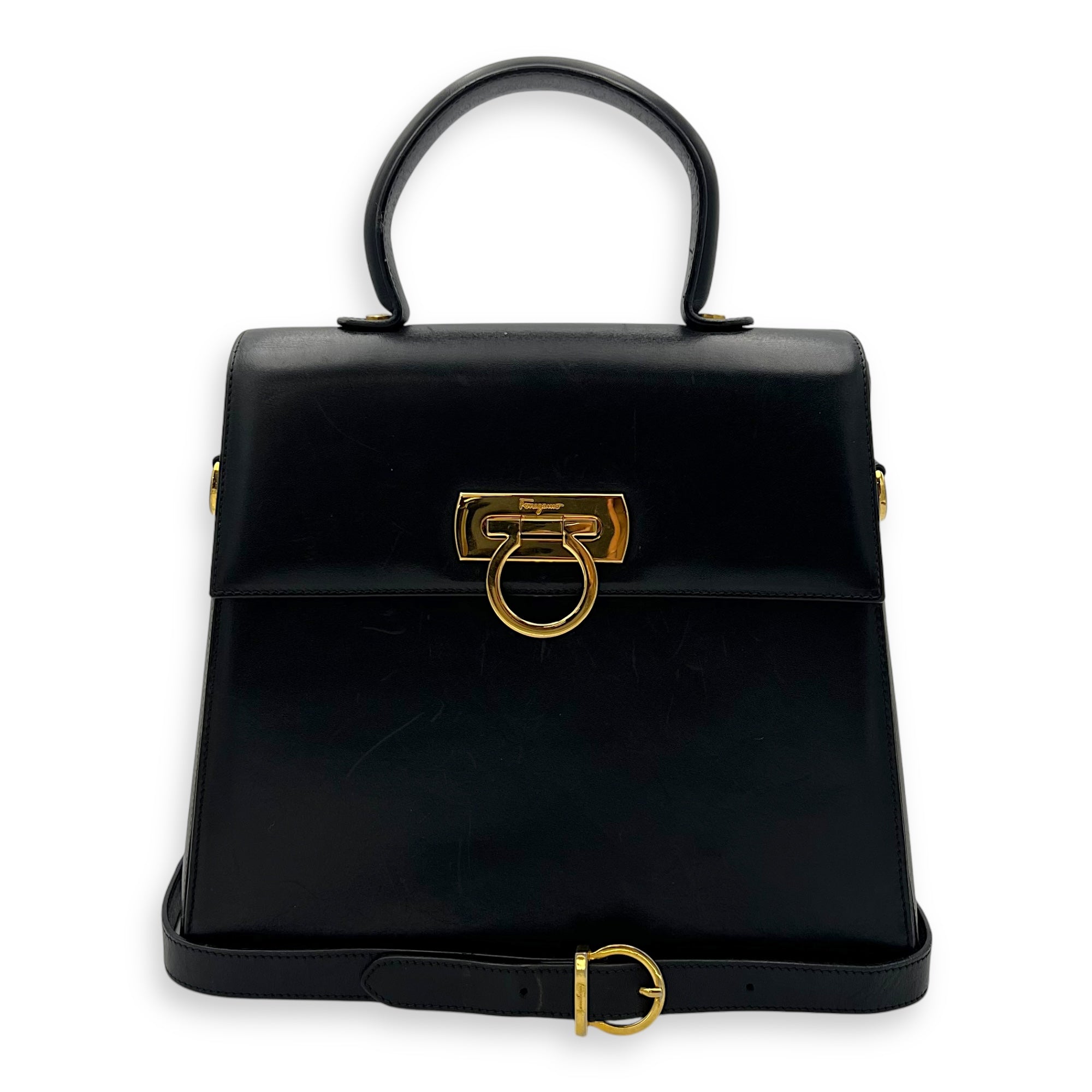 Salvatore Ferragamo Gancini Top Handle Bag Black in Calfskin, Gold hardware_12