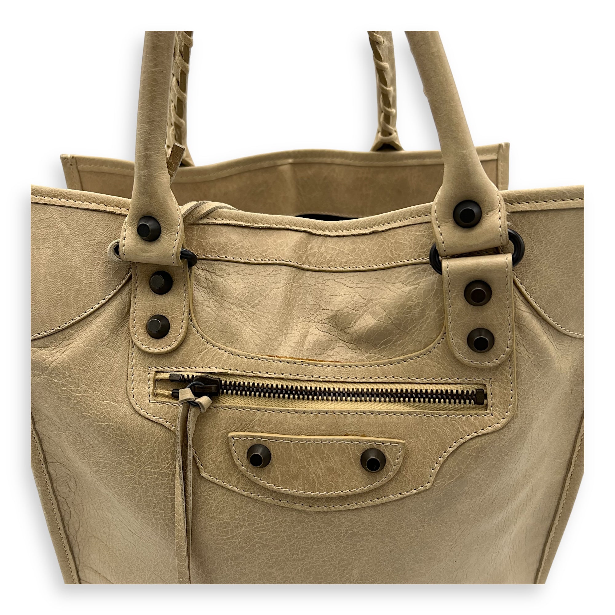 Balenciaga City Shopper Beige Tote Bag in Distressed Leather, Gunmetal hardware_7