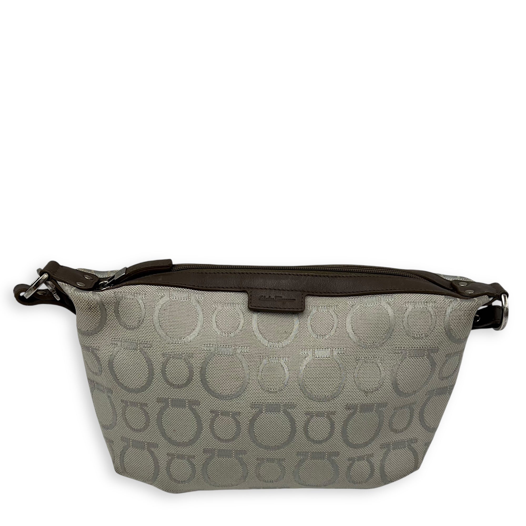 Salvatore Ferragamo Gancini Shoulder Bag White in Canvas, Silver hardware_1
