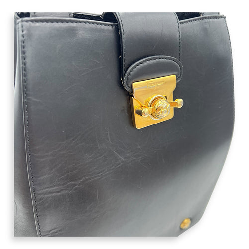 Salvatore Ferragamo Gancini Shoulder Bag Black in Calfskin, Gold hardware_7
