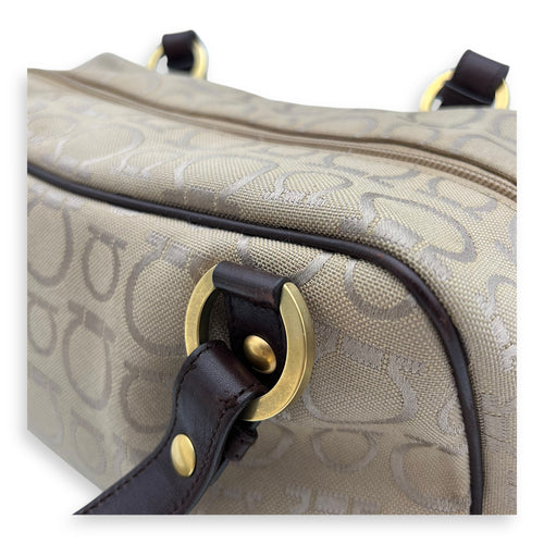 Salvatore Ferragamo Gancini Shoulder Bag Beige in Canvas, Gold hardware_13