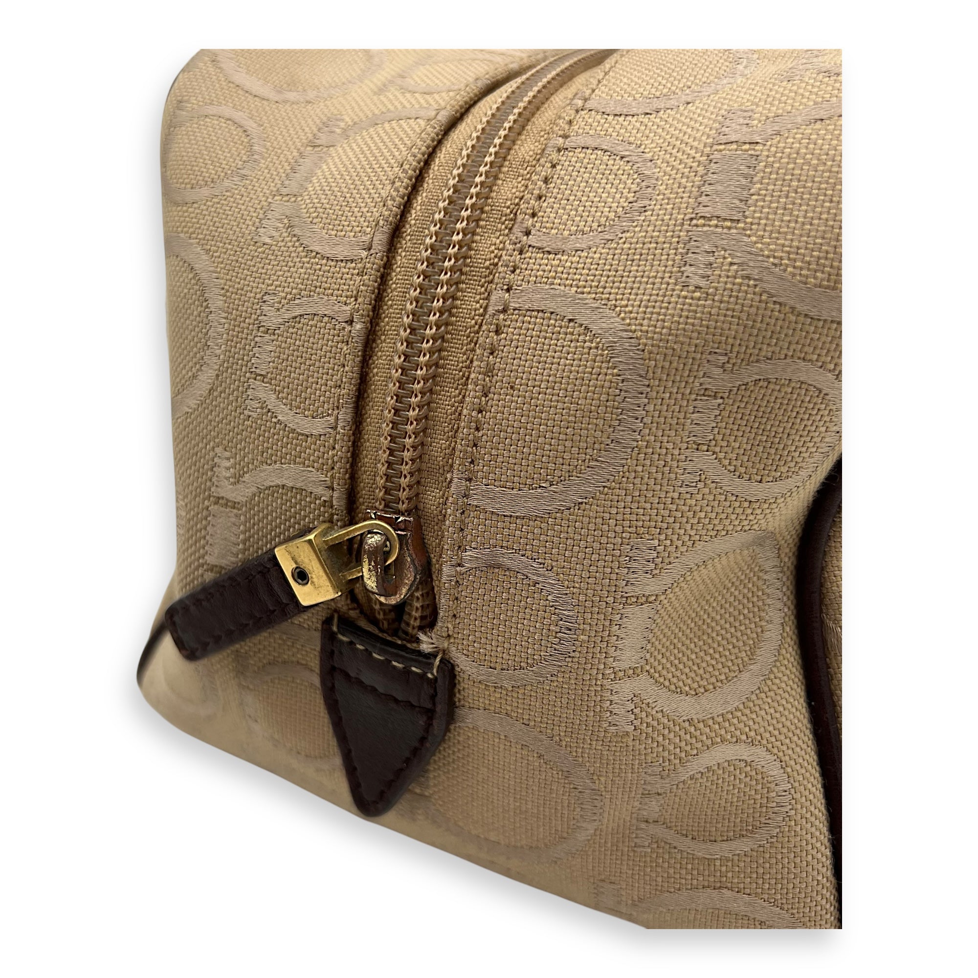Salvatore Ferragamo Gancini Shoulder Bag Beige in Canvas, Gold hardware_11