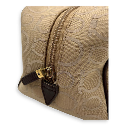 Salvatore Ferragamo Gancini Shoulder Bag Beige in Canvas, Gold hardware_11