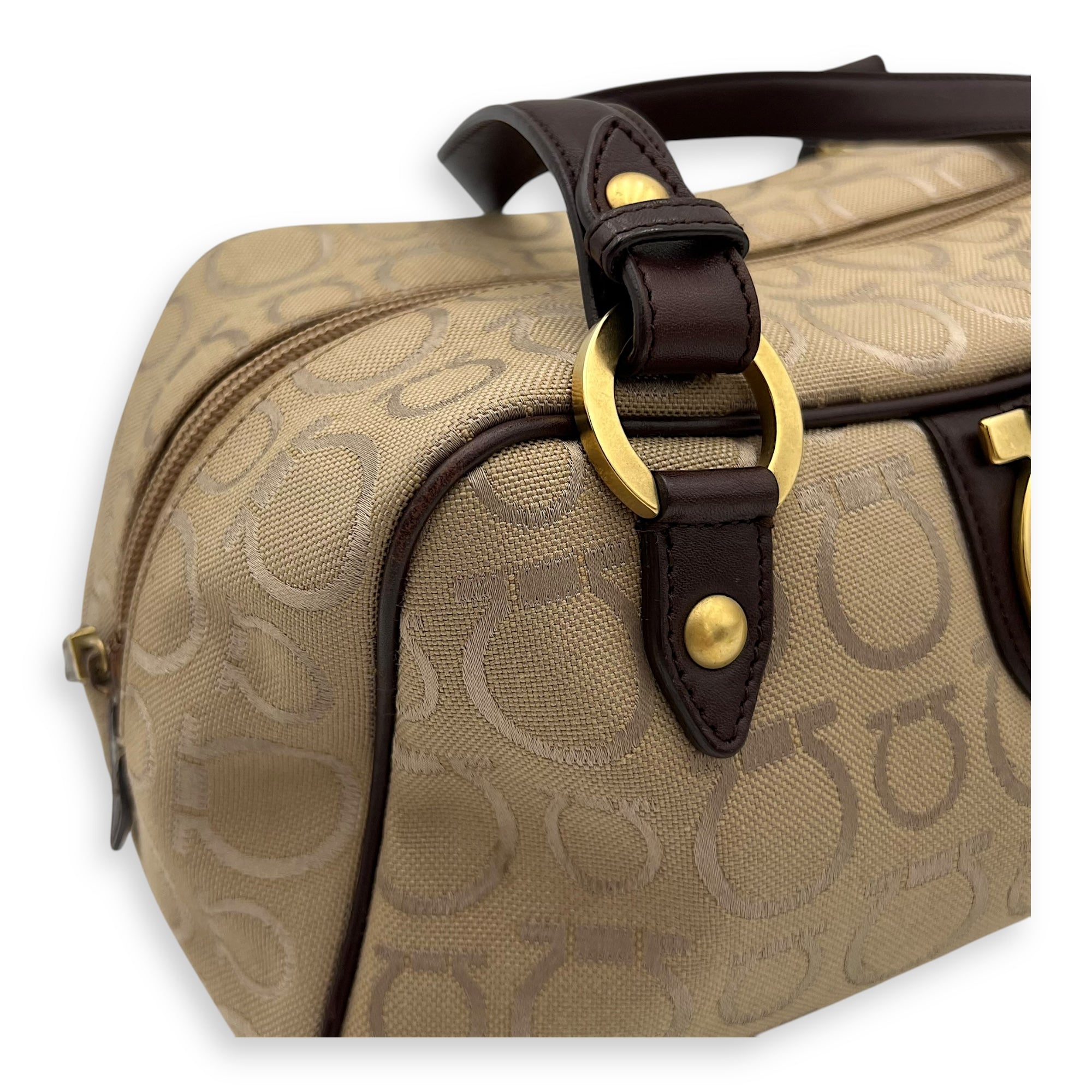 Salvatore Ferragamo Gancini Shoulder Bag Beige in Canvas, Gold hardware_12