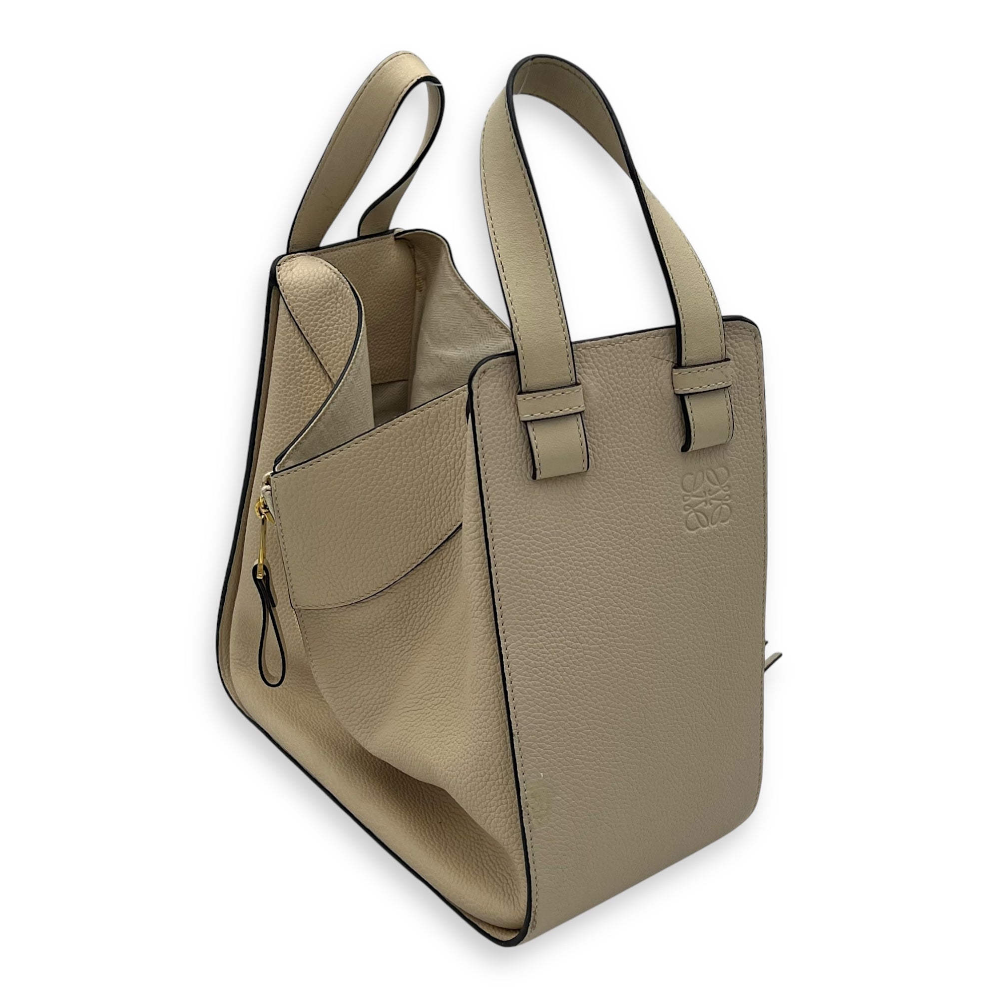 Loewe Hammock Small Beige Shoulder Bag in Calfskin, Gold hardware_3