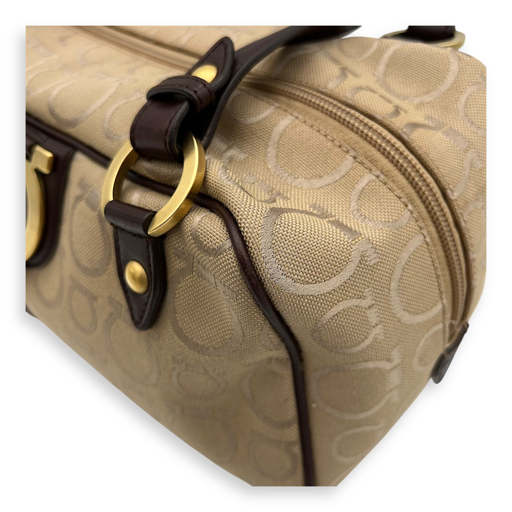 Salvatore Ferragamo Gancini Shoulder Bag Beige in Canvas, Gold hardware_10