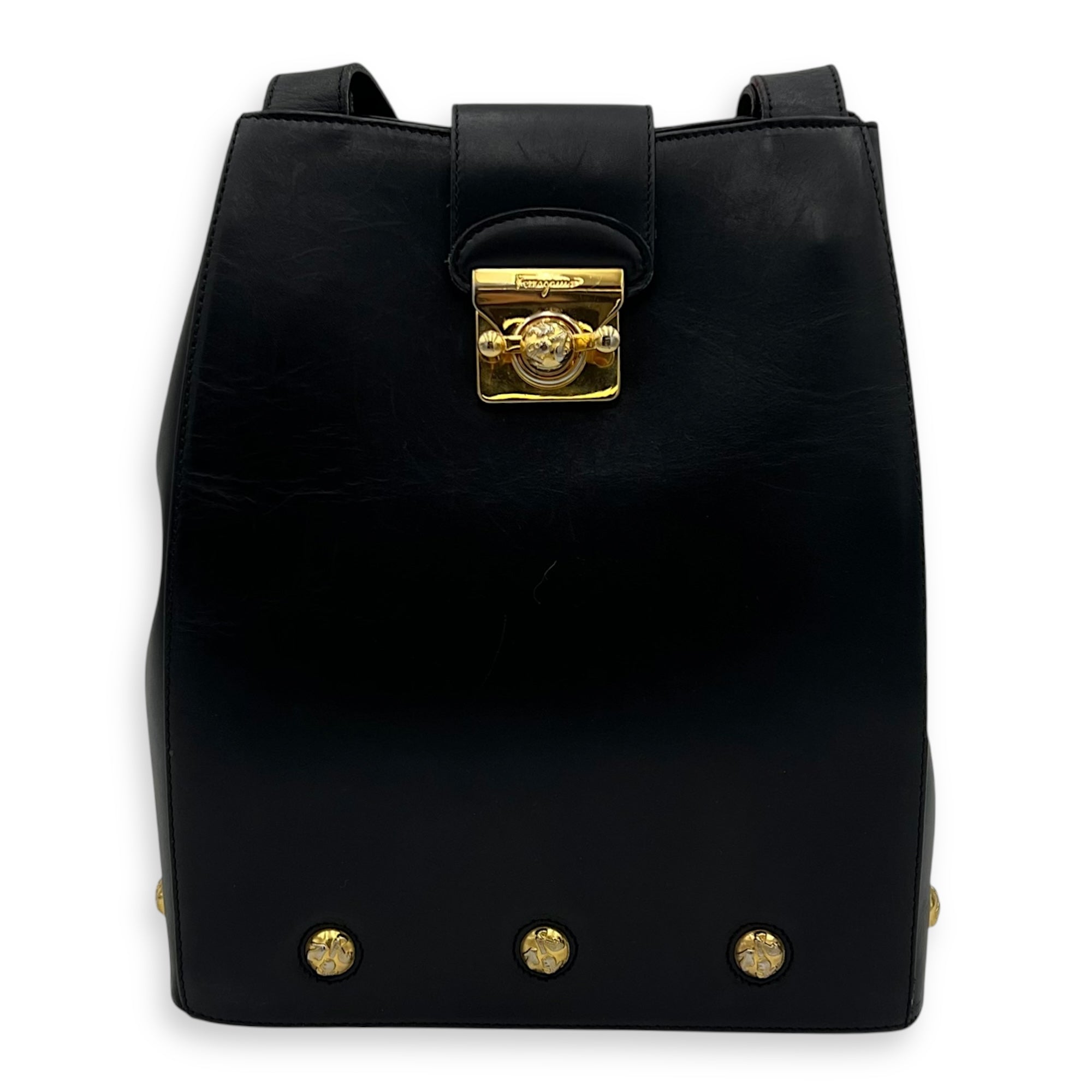Salvatore Ferragamo Gancini Shoulder Bag Black in Calfskin, Gold hardware_1