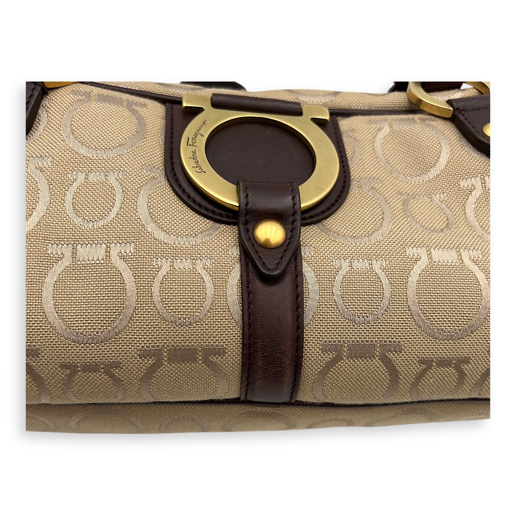 Salvatore Ferragamo Gancini Shoulder Bag Beige in Canvas, Gold hardware_9
