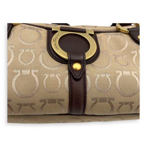Salvatore Ferragamo Gancini Shoulder Bag Beige in Canvas, Gold hardware_9