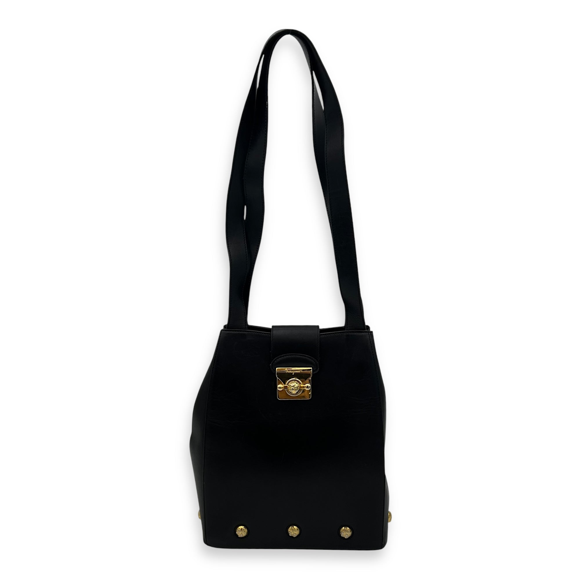 Salvatore Ferragamo Gancini Shoulder Bag Black in Calfskin, Gold hardware_12