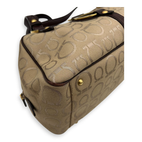 Salvatore Ferragamo Gancini Shoulder Bag Beige in Canvas, Gold hardware_8