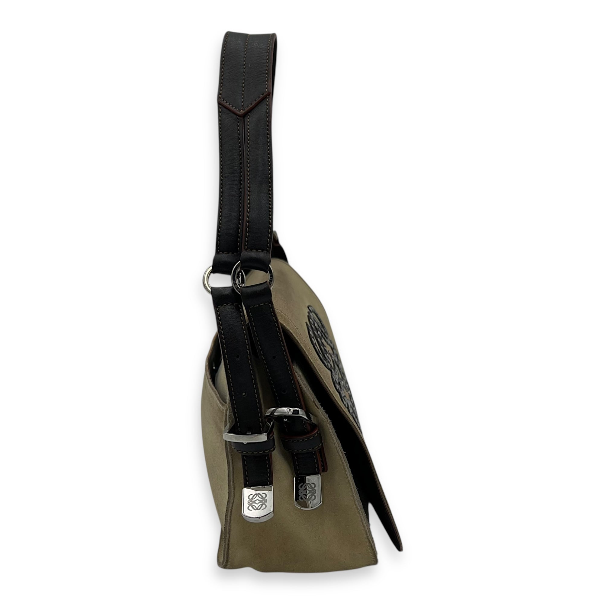 Loewe Anagram Shoulder Bag Brown in Suede Leather, Silver hardware_4