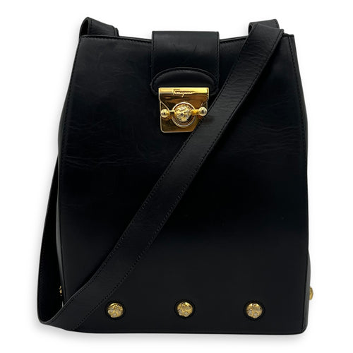 Salvatore Ferragamo Gancini Shoulder Bag Black in Calfskin, Gold hardware_13