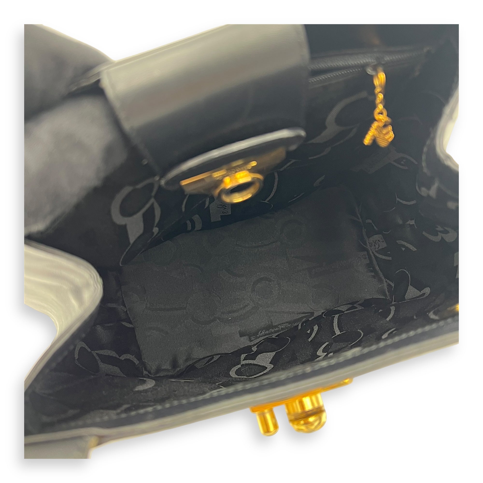 Salvatore Ferragamo Gancini Shoulder Bag Black in Calfskin, Gold hardware_6