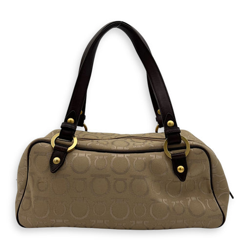 Salvatore Ferragamo Gancini Shoulder Bag Beige in Canvas, Gold hardware_2