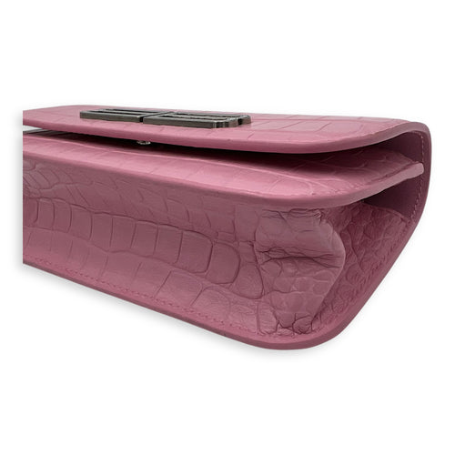 Balenciaga Gossip Wallet On Chain Pink in Crocodile Embossed Calfskin, Silver hardware_9