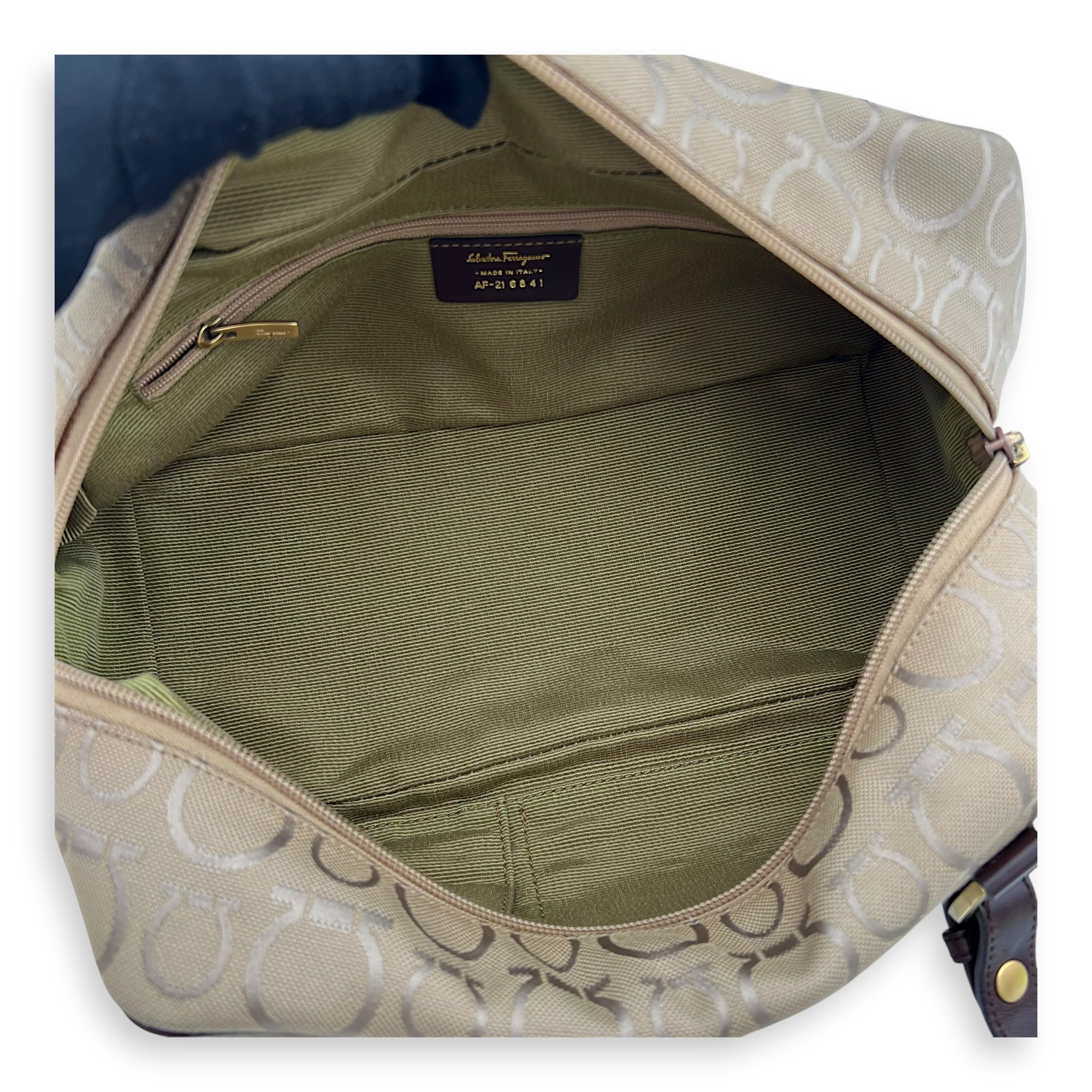 Salvatore Ferragamo Gancini Shoulder Bag Beige in Canvas, Gold hardware_6