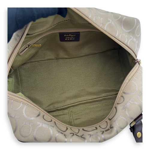 Salvatore Ferragamo Gancini Shoulder Bag Beige in Canvas, Gold hardware_6