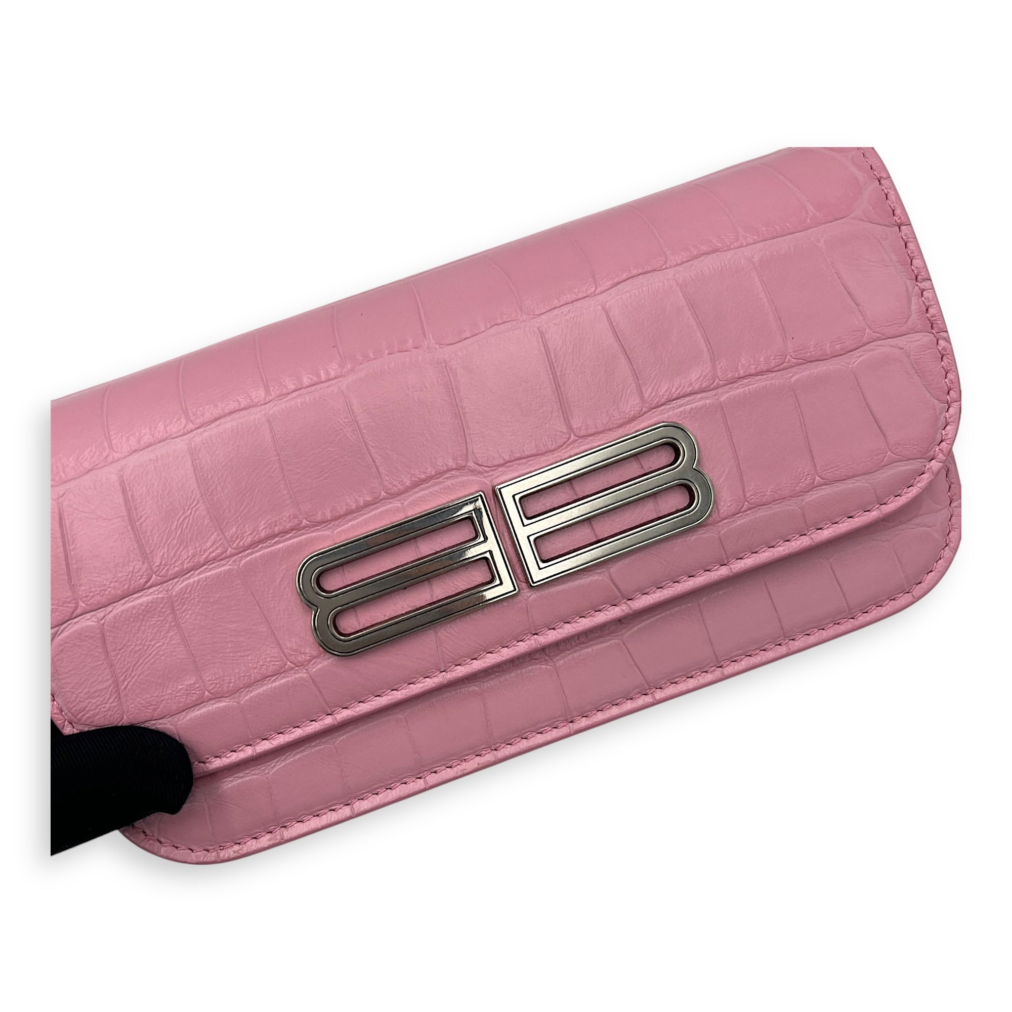 Balenciaga Gossip Wallet On Chain Pink in Crocodile Embossed Calfskin, Silver hardware_8