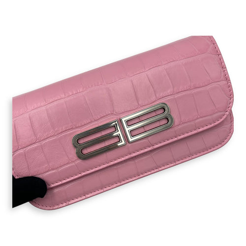 Balenciaga Gossip Wallet On Chain Pink in Crocodile Embossed Calfskin, Silver hardware_8