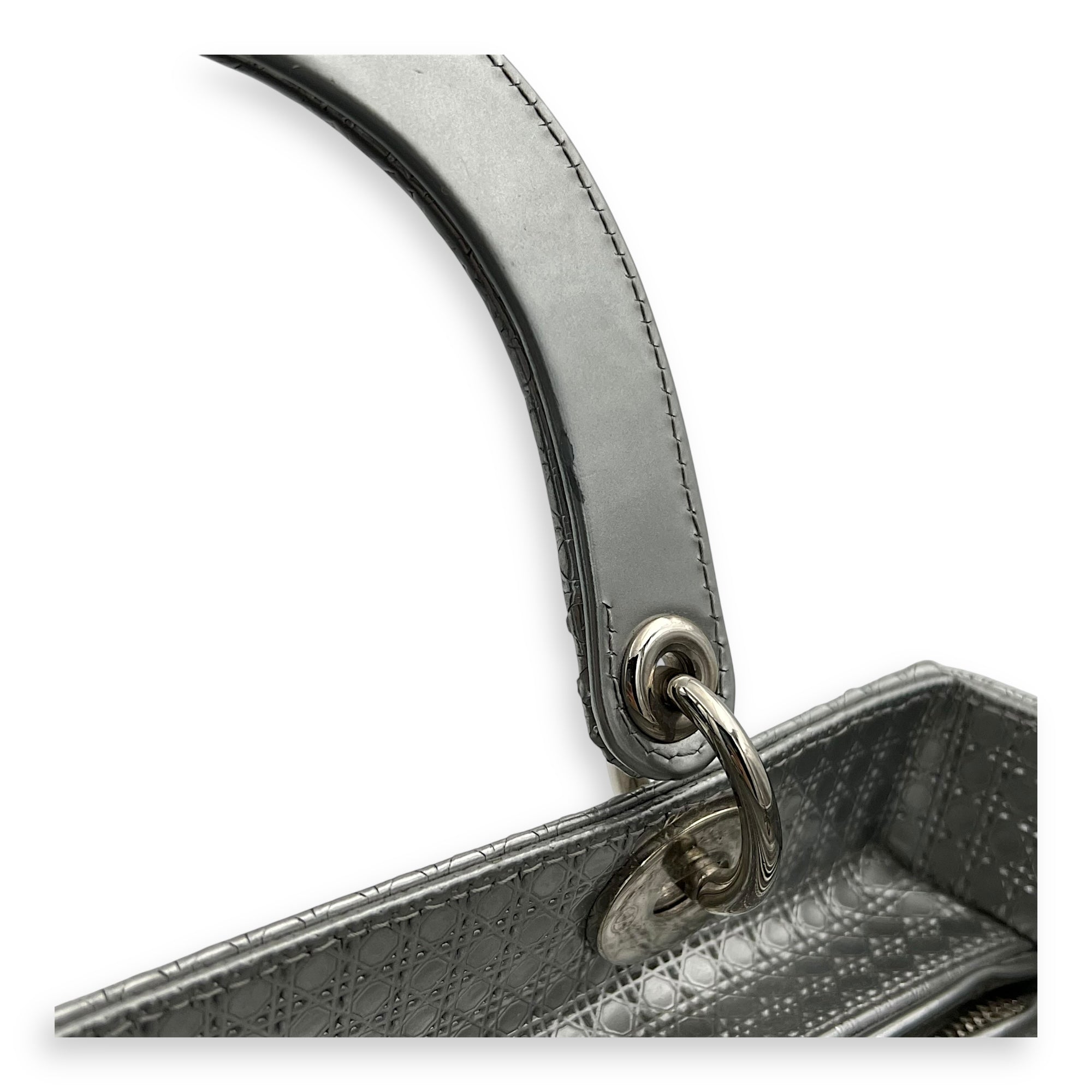 Dior Lady Dior Medium Silver Top Handle Bag in Calfskin, Silver hardware_10