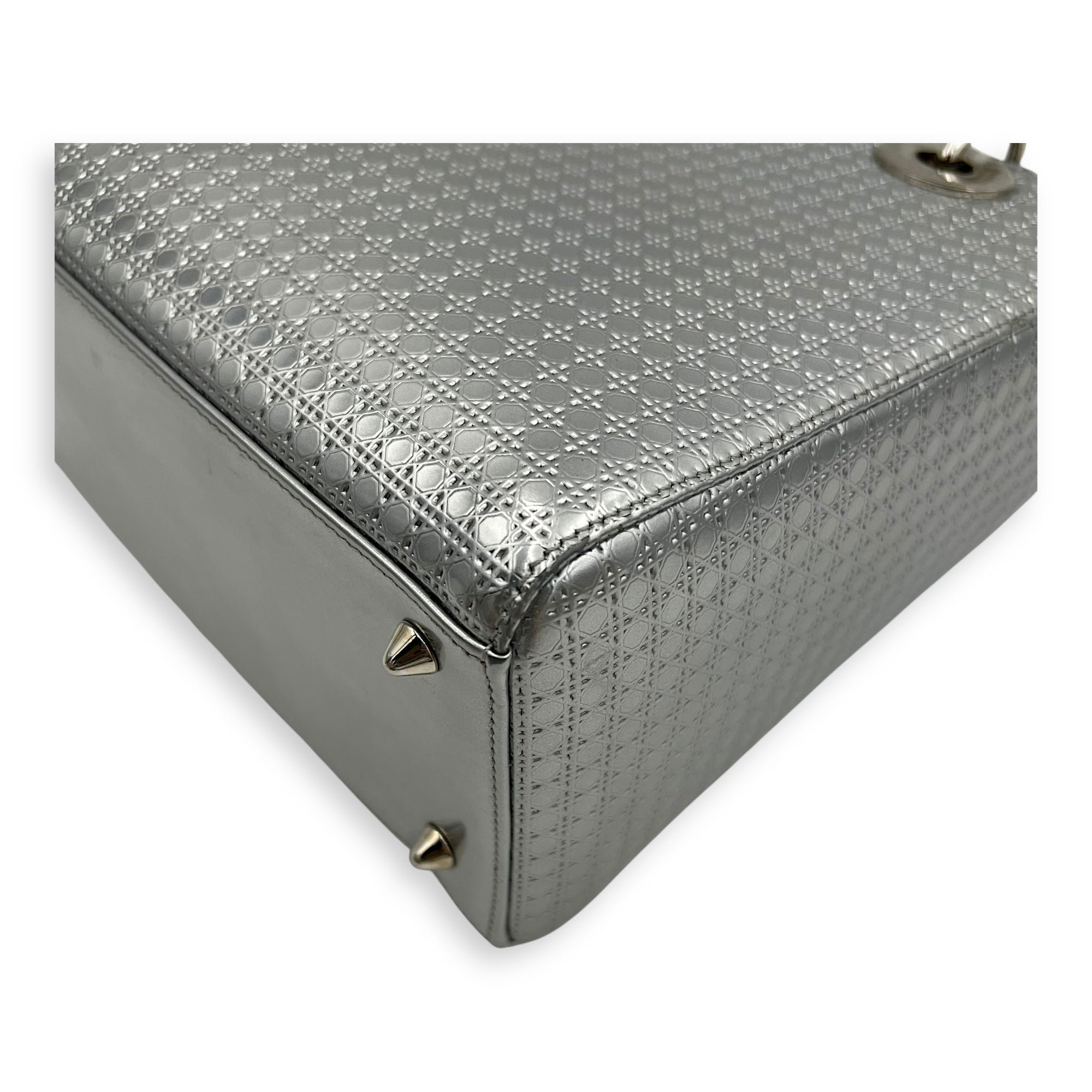 Dior Lady Dior Medium Silver Top Handle Bag in Calfskin, Silver hardware_14