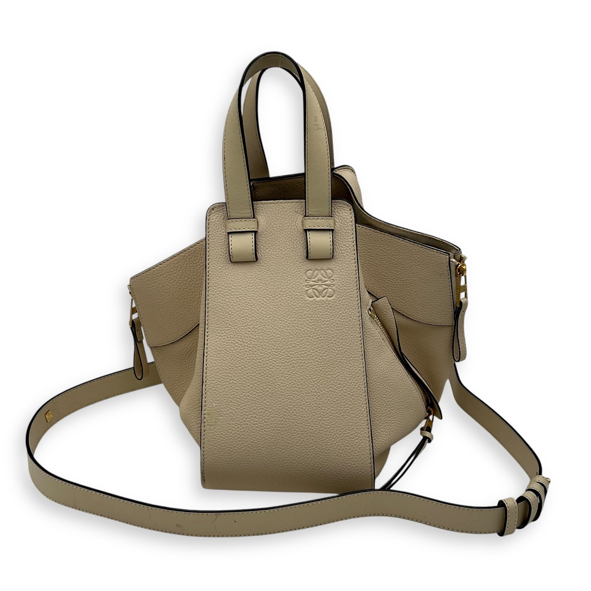 Loewe Hammock Small Beige Shoulder Bag in Calfskin, Gold hardware_16