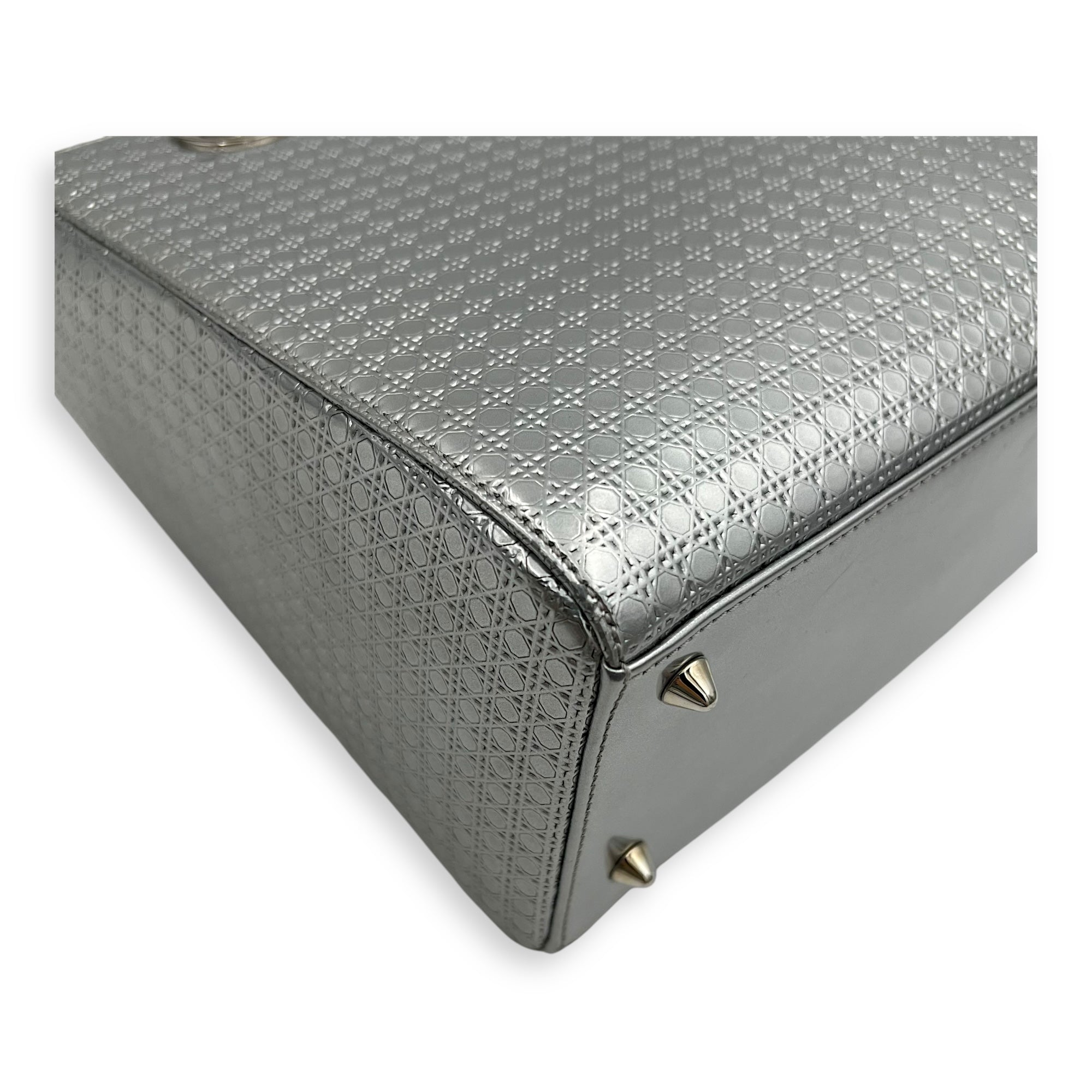 Dior Lady Dior Medium Silver Top Handle Bag in Calfskin, Silver hardware_13