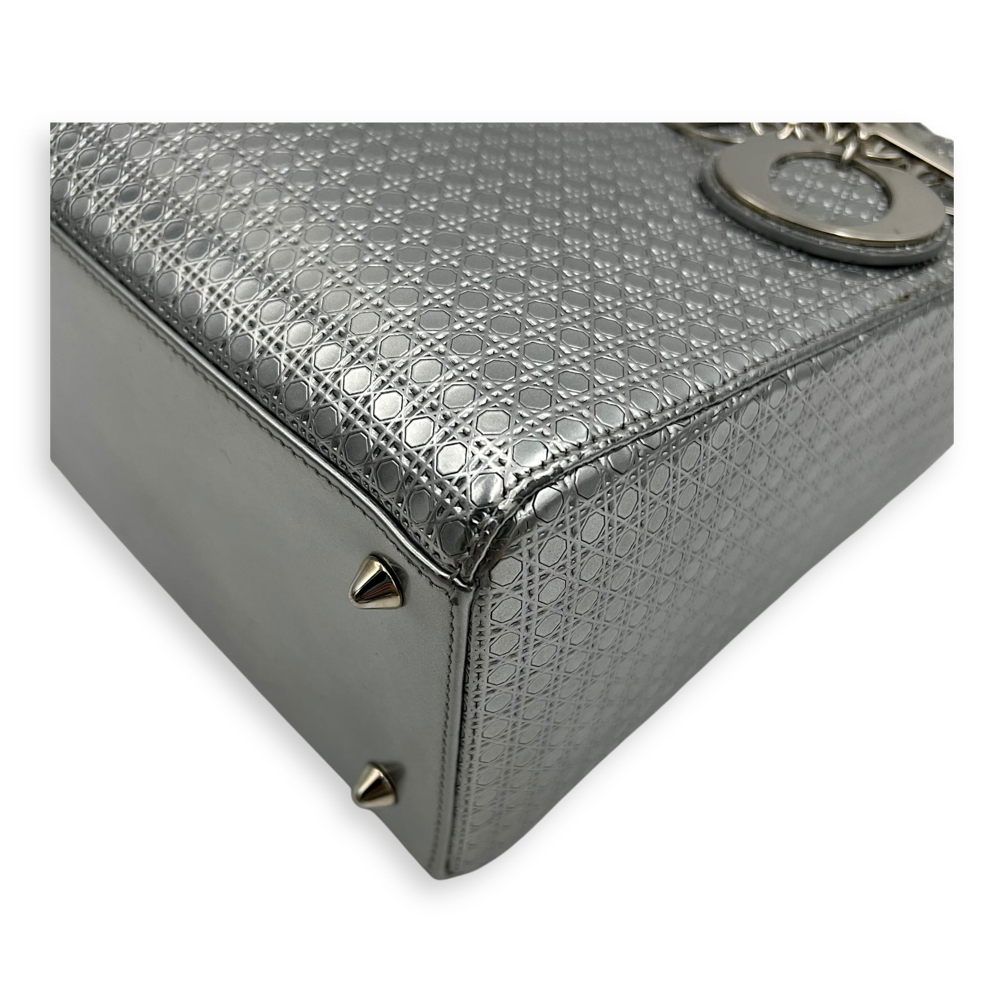 Dior Lady Dior Medium Silver Top Handle Bag in Calfskin, Silver hardware_12