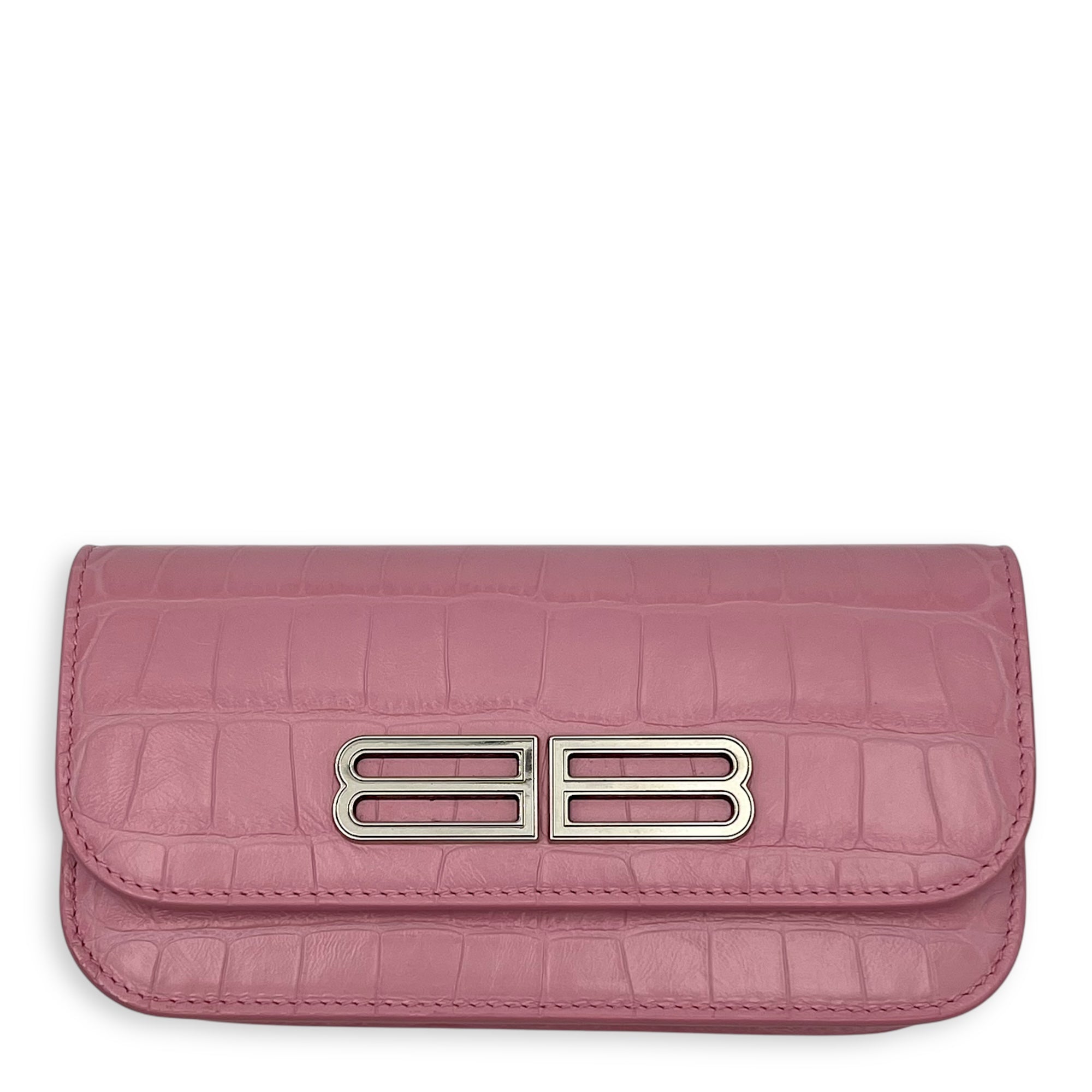 Balenciaga Gossip Wallet On Chain Pink in Crocodile Embossed Calfskin, Silver hardware_1