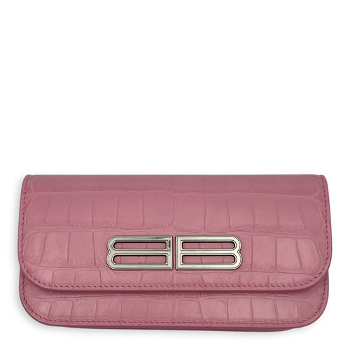 Balenciaga Gossip Wallet On Chain Pink in Crocodile Embossed Calfskin, Silver hardware_1
