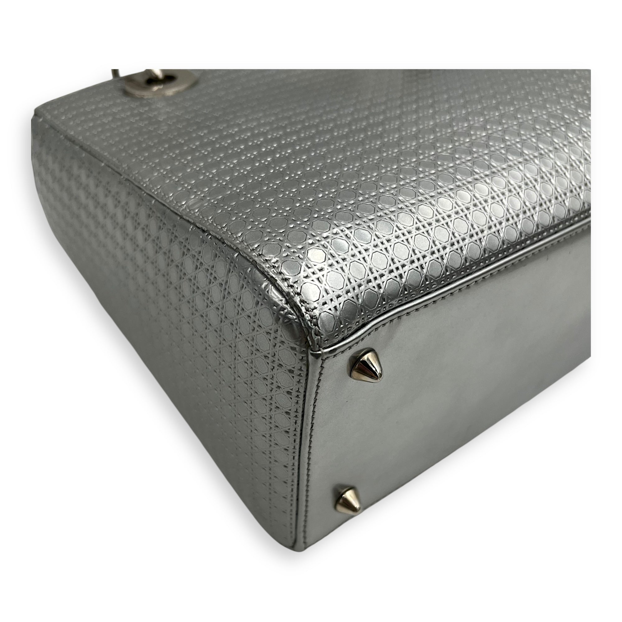 Dior Lady Dior Medium Silver Top Handle Bag in Calfskin, Silver hardware_11