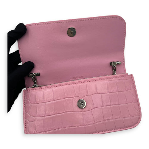 Balenciaga Gossip Wallet On Chain Pink in Crocodile Embossed Calfskin, Silver hardware_7