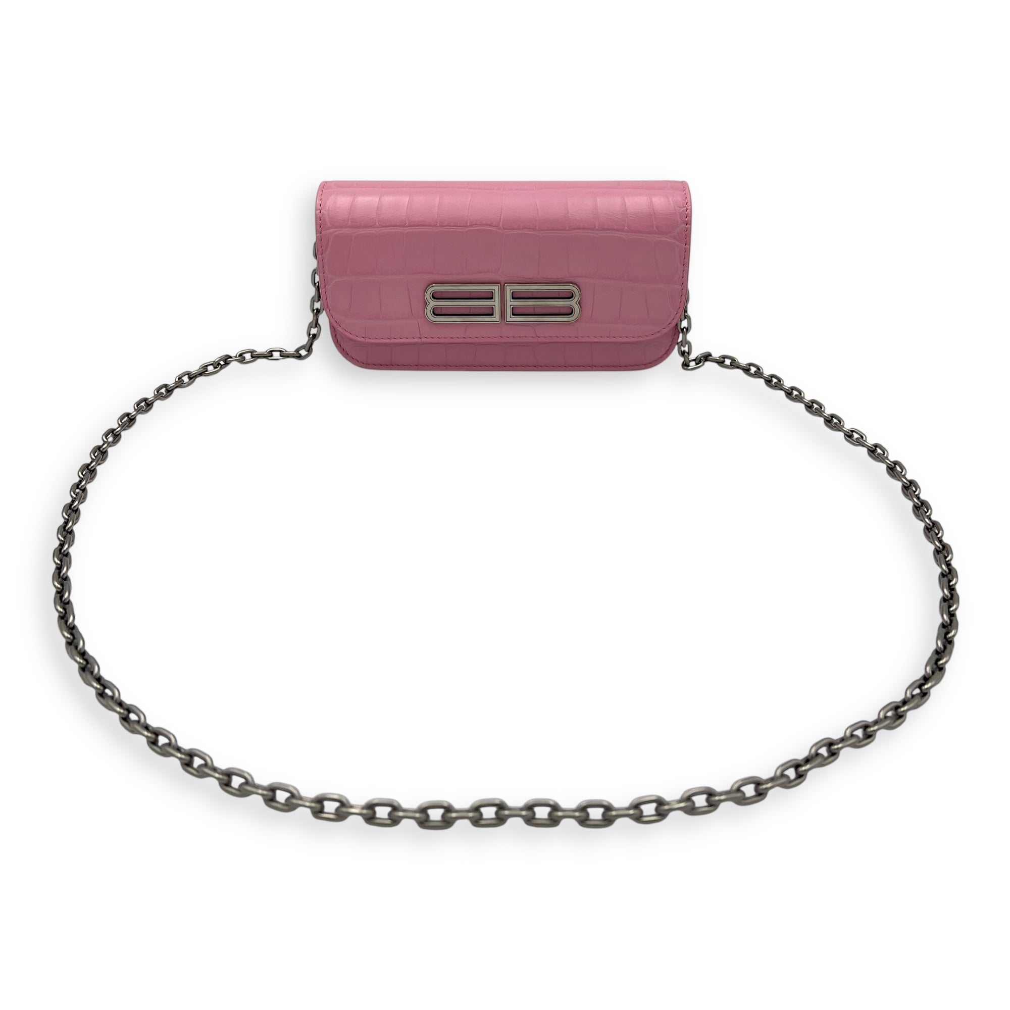 Balenciaga Gossip Wallet On Chain Pink in Crocodile Embossed Calfskin, Silver hardware_11
