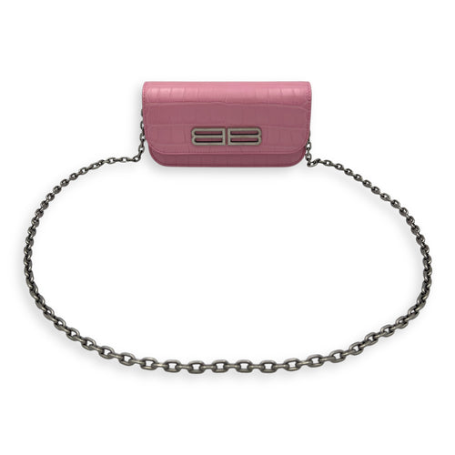 Balenciaga Gossip Wallet On Chain Pink in Crocodile Embossed Calfskin, Silver hardware_11