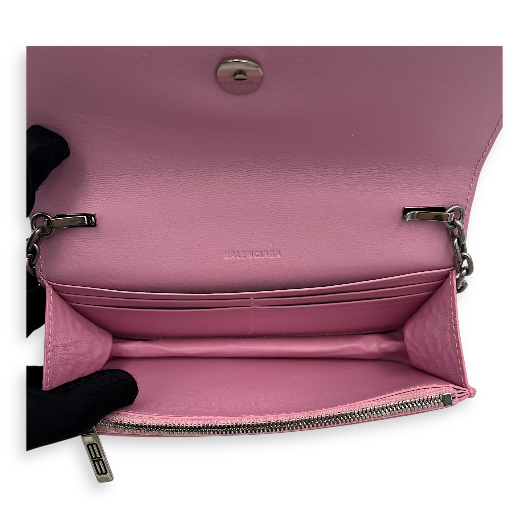Balenciaga Gossip Wallet On Chain Pink in Crocodile Embossed Calfskin, Silver hardware_6