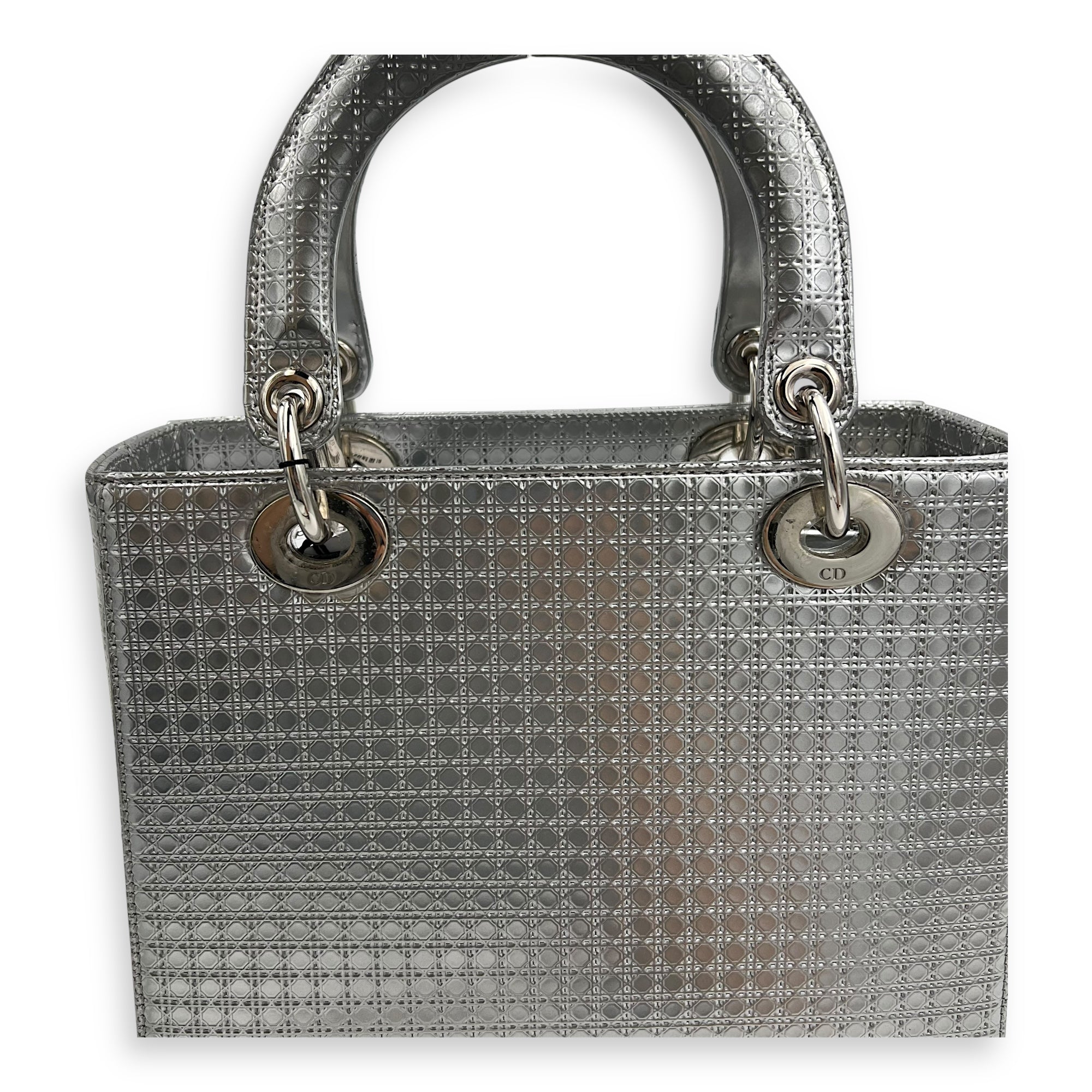 Dior Lady Dior Medium Silver Top Handle Bag in Calfskin, Silver hardware_8