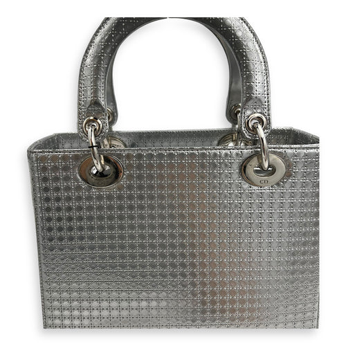 Dior Lady Dior Medium Silver Top Handle Bag in Calfskin, Silver hardware_8