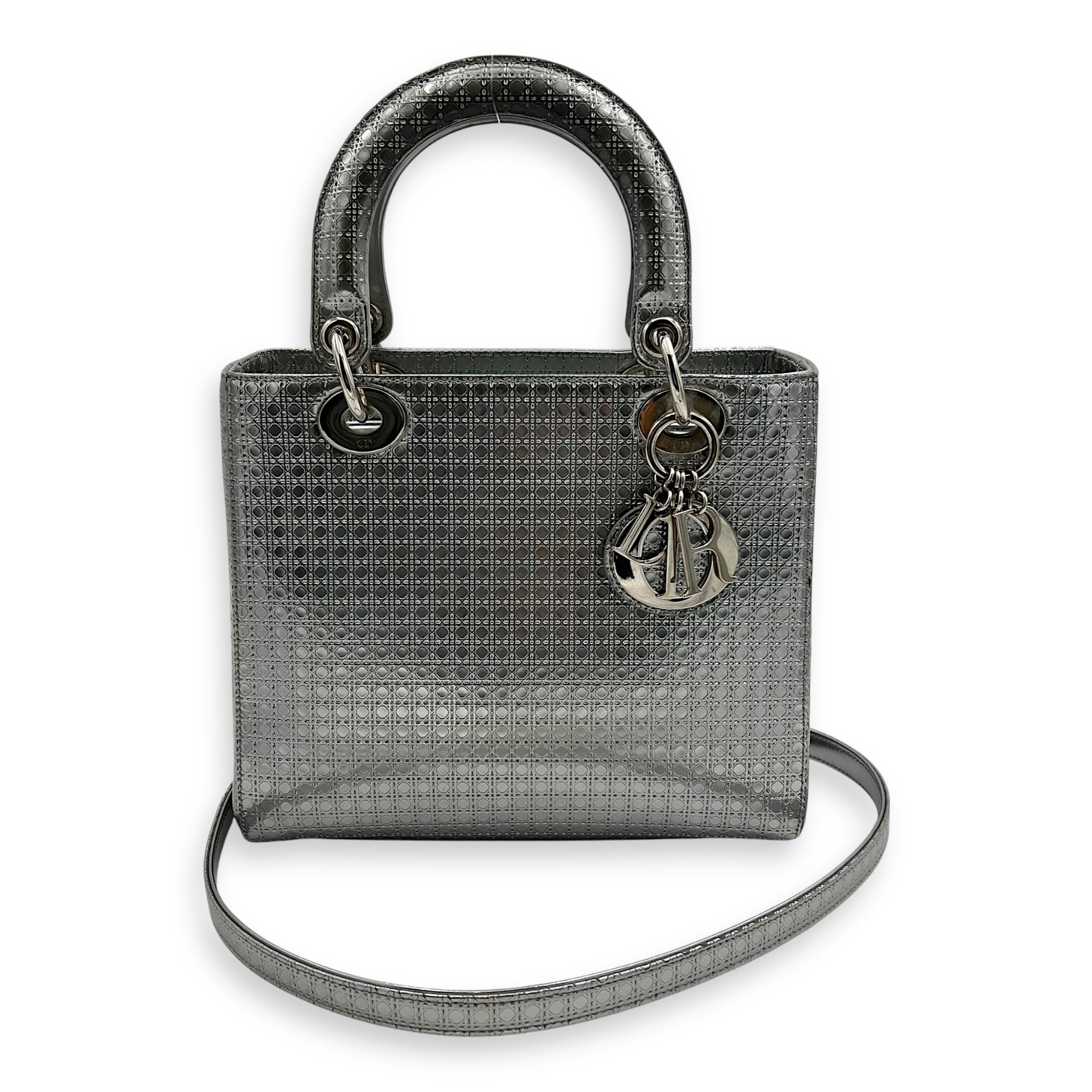 Dior Lady Dior Medium Silver Top Handle Bag in Calfskin, Silver hardware_15