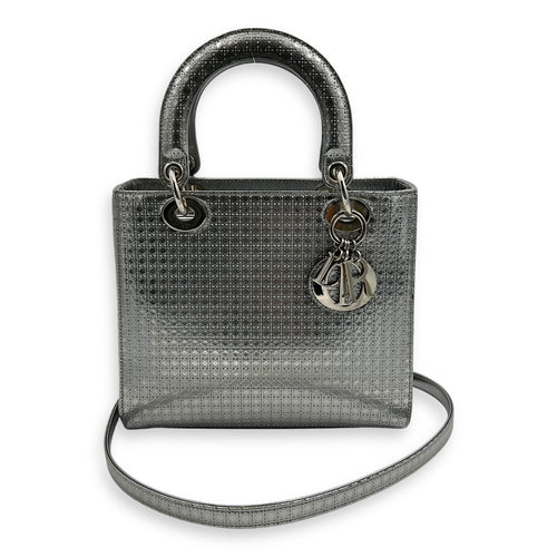 Dior Lady Dior Medium Silver Top Handle Bag in Calfskin, Silver hardware_15