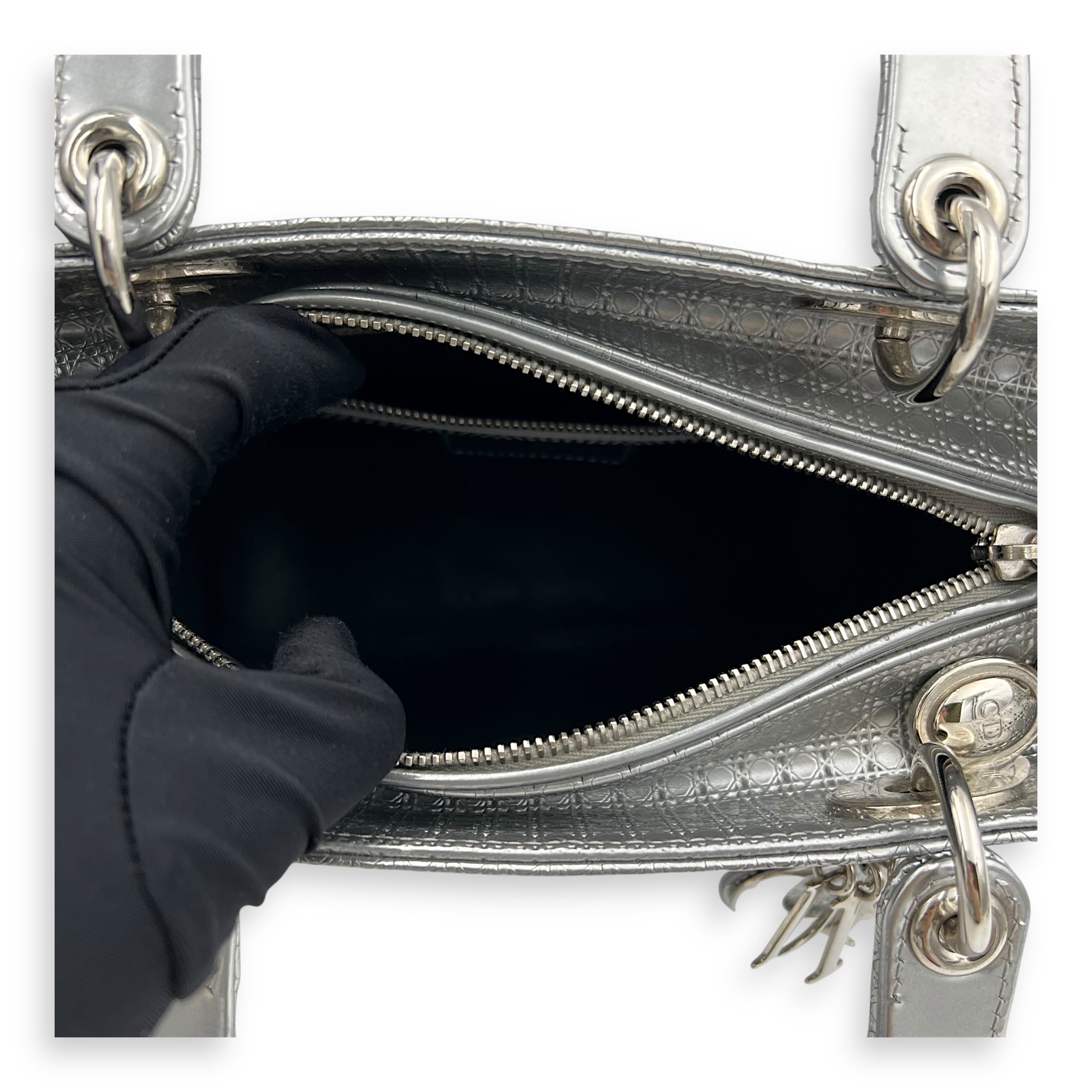 Dior Lady Dior Medium Silver Top Handle Bag in Calfskin, Silver hardware_6