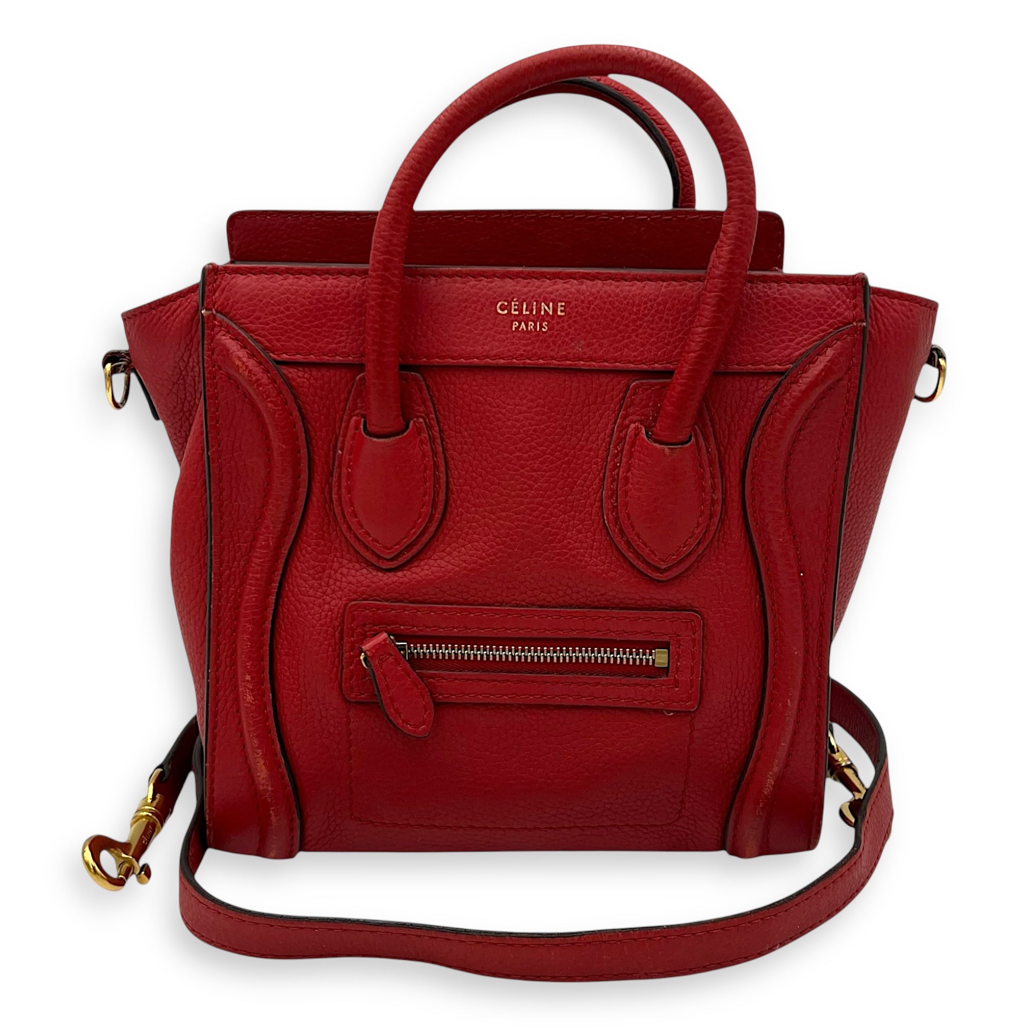 Celine Luggage Top Handle Bag Red in Calfskin, Gold hardware_16