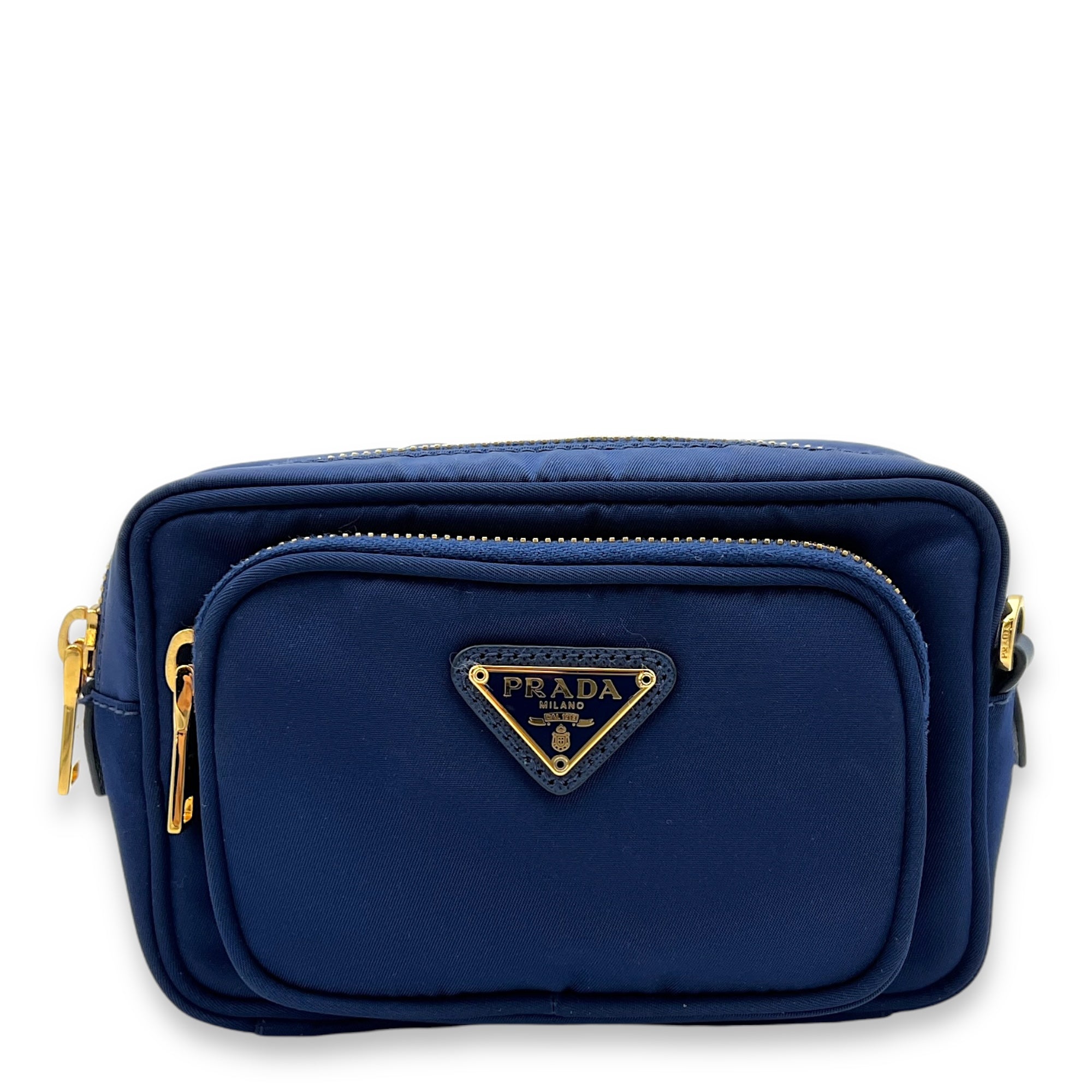 Prada Convertible Wristlet Blue Crossbody Bag in Nylon Gold hardware Singapore