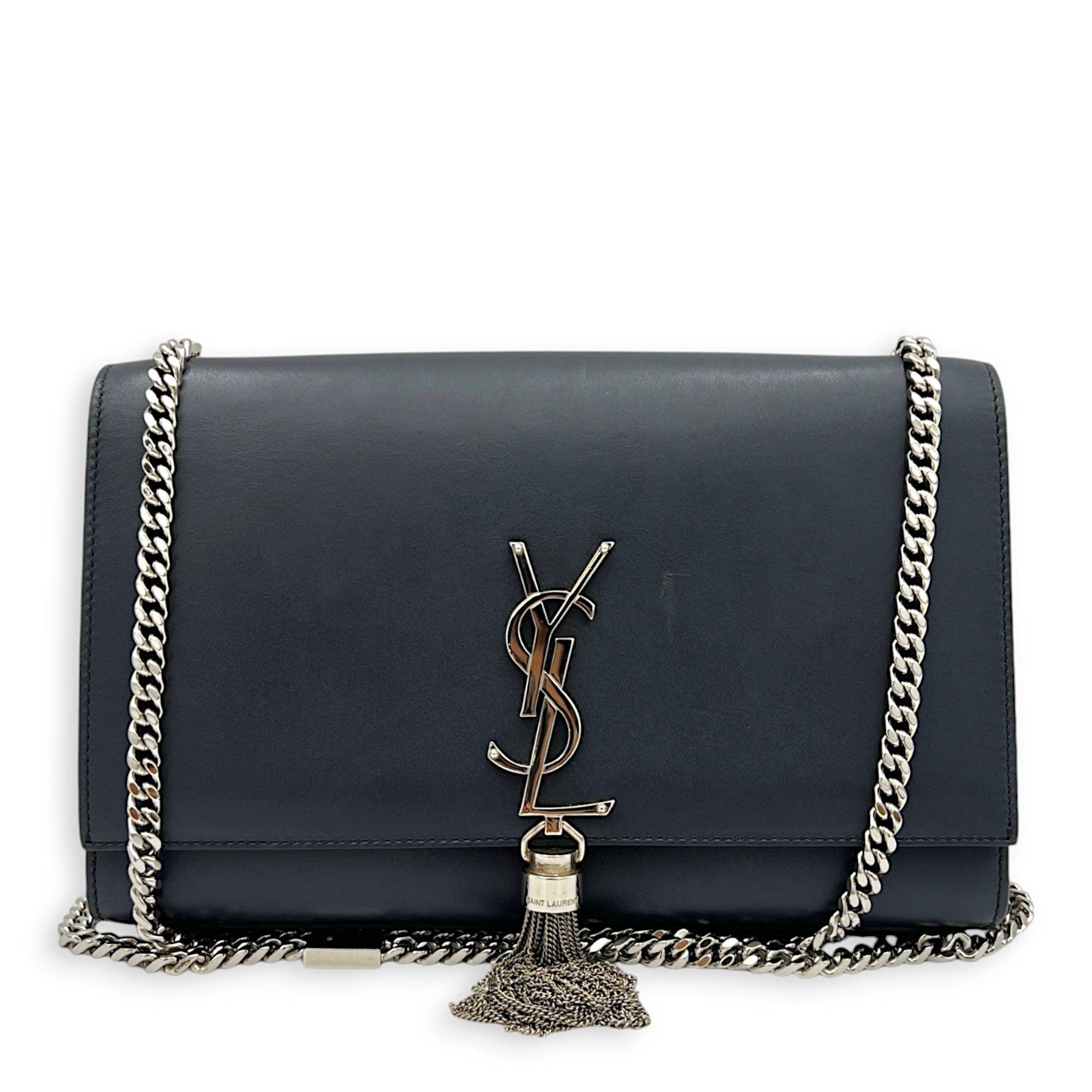 Kate Tassel Medium Navy Crossbody Bag in Calfskin Silver hardware