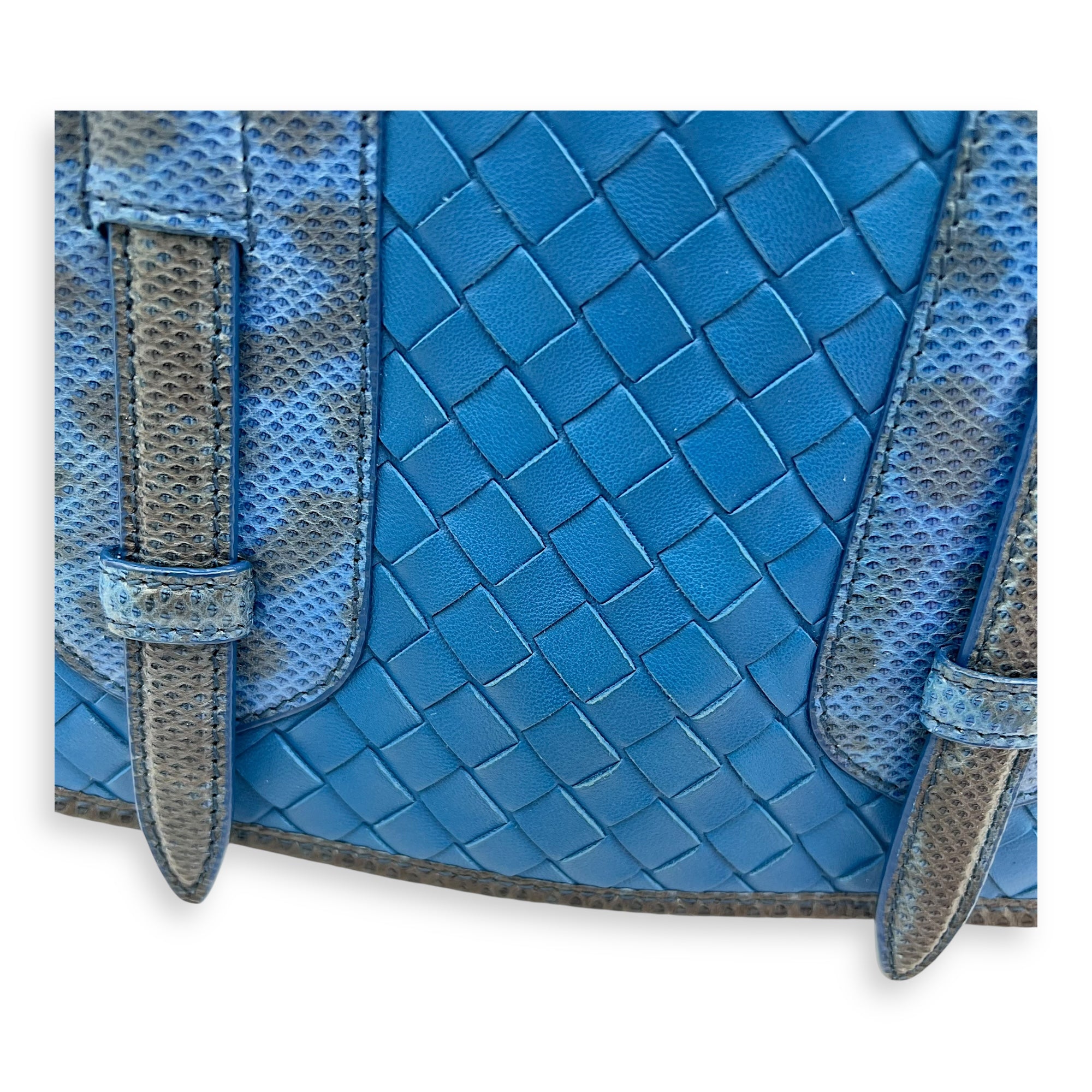 Intrecciato Blue Shoulder Bag in Lambskin and Lizard, Ruthenium hardware