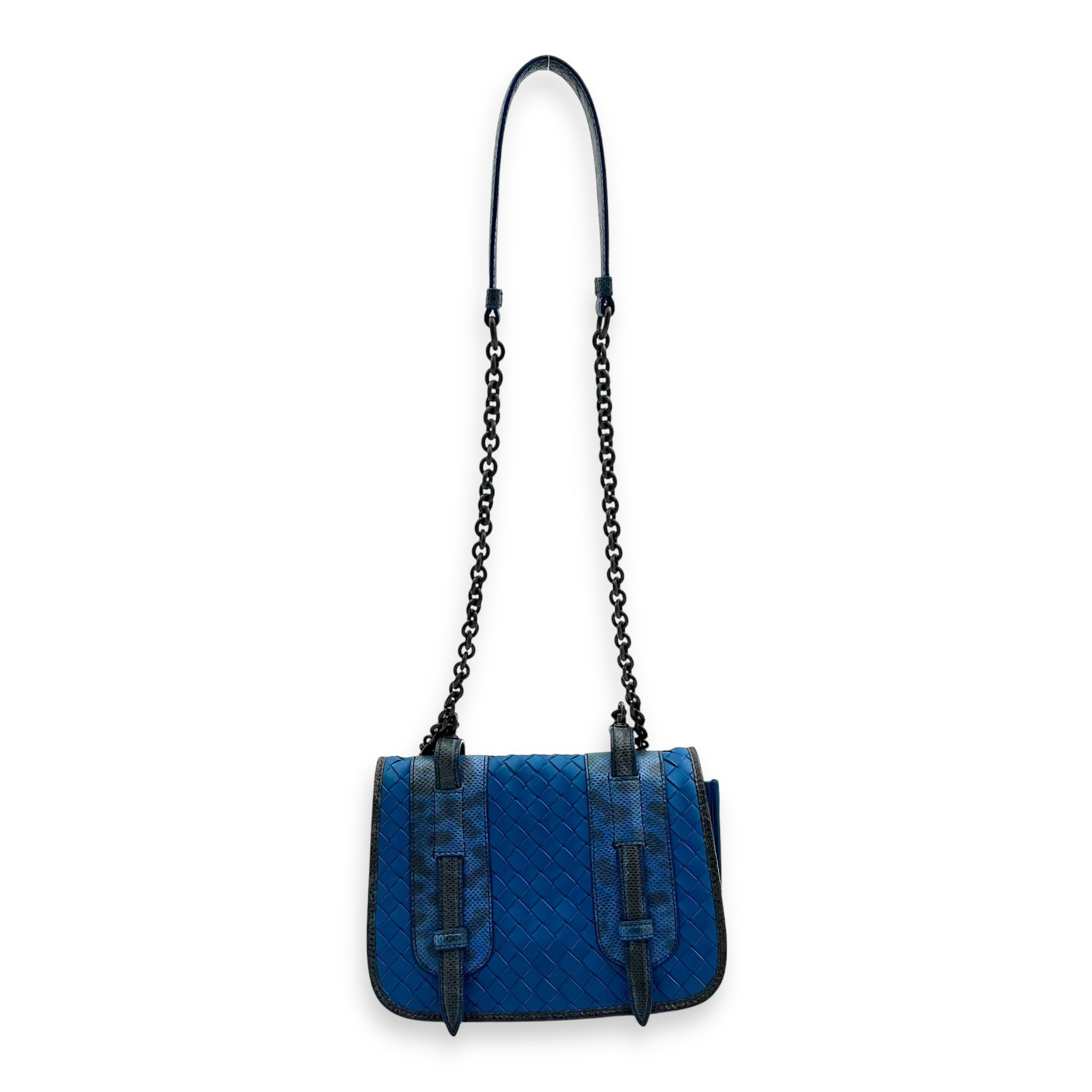 Intrecciato Blue Shoulder Bag in Lambskin and Lizard, Ruthenium hardware