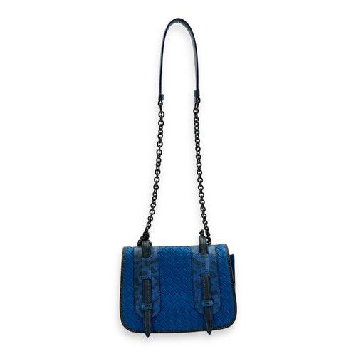 Intrecciato Blue Shoulder Bag in Lambskin and Lizard, Ruthenium hardware